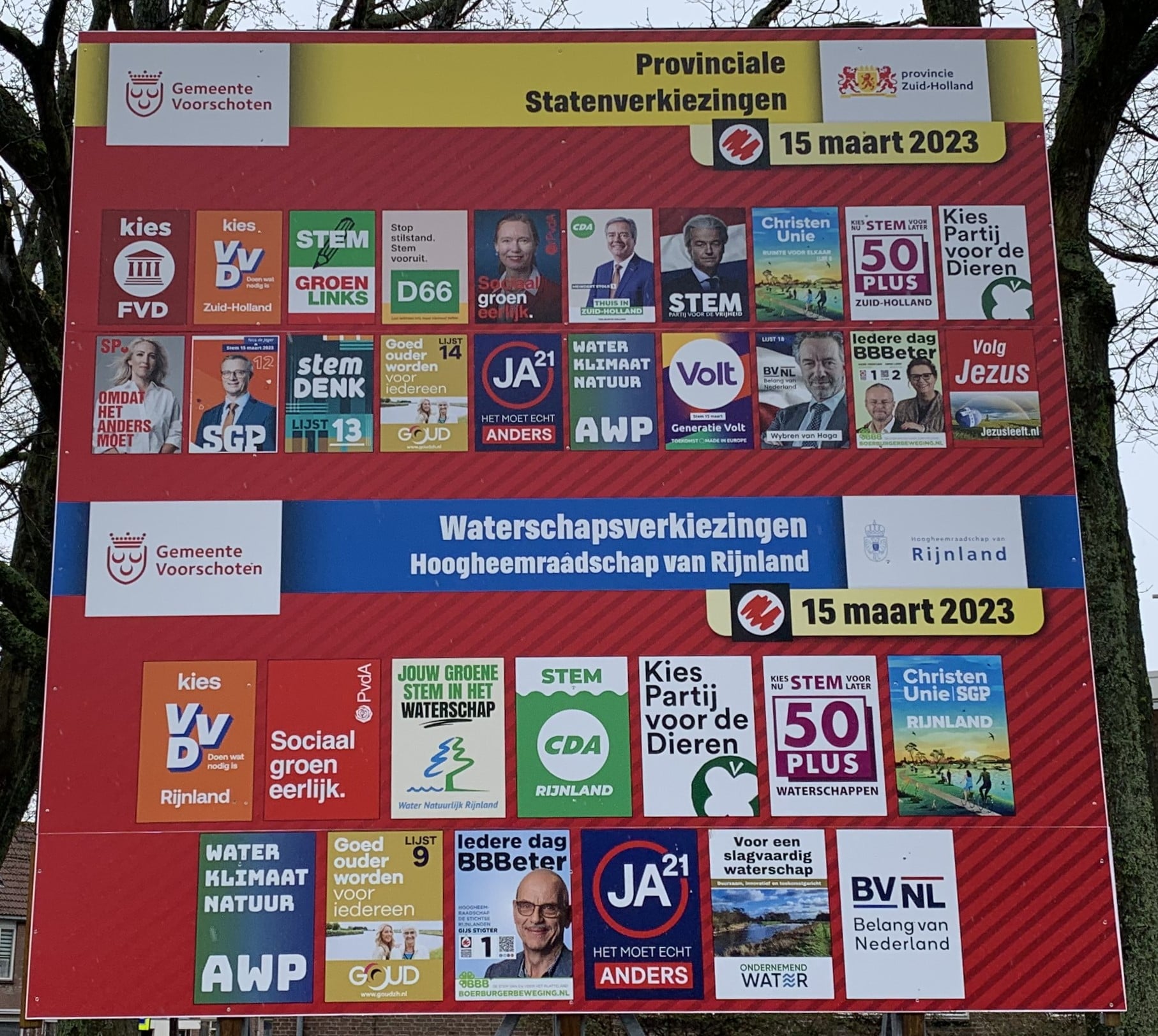 Afbeelding van de affiches van een aantal politieke partijen voor de verkiezingen voor het waterschap van 15 maart 2023.