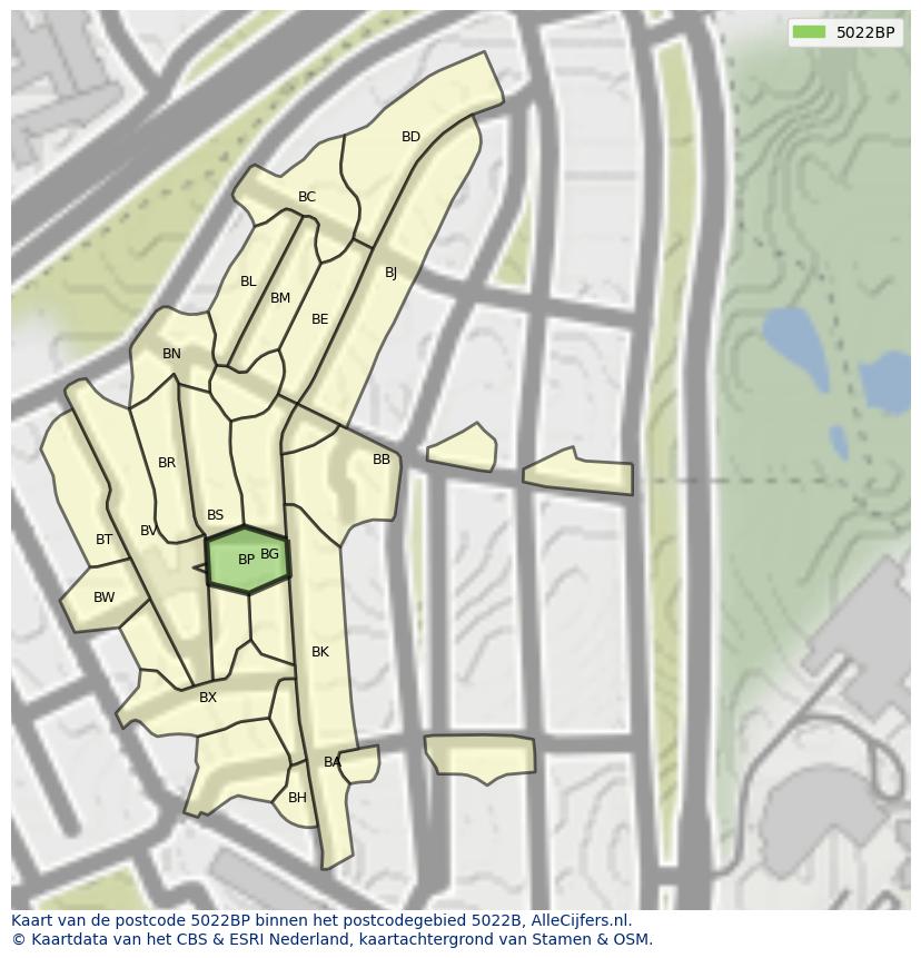 Afbeelding van het postcodegebied 5022 BP op de kaart.