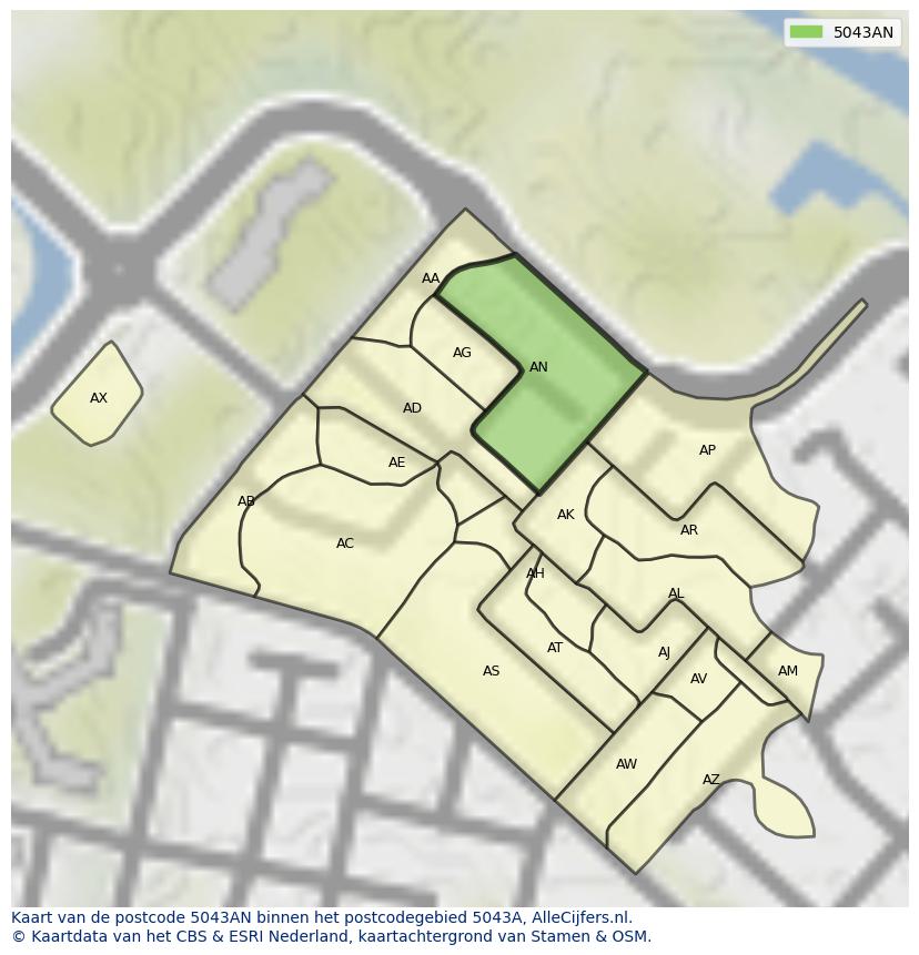 Afbeelding van het postcodegebied 5043 AN op de kaart.