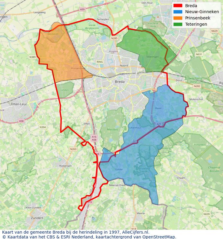 Afbeelding met een achtergrondkaart van OpenStreetMap en daarbovenop geometrische vormen van de gemeentelijke gebieden uit de data van het CBS. De geometrische vormen (polygonen) geven met eigen kleuren per gemeente de herindelingssituatie weer.