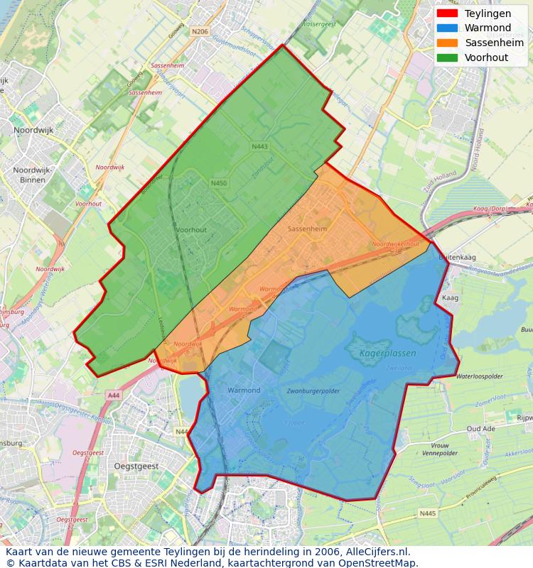 Afbeelding met een achtergrondkaart van OpenStreetMap en daarbovenop geometrische vormen van de gemeentelijke gebieden uit de data van het CBS. De geometrische vormen (polygonen) geven met eigen kleuren per gemeente de herindelingssituatie weer.