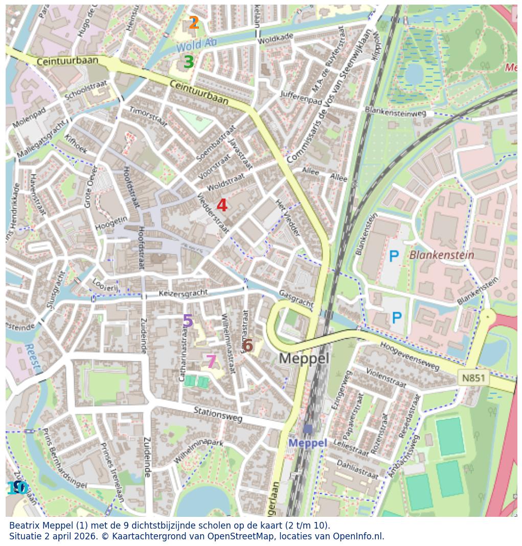 Kaart van de school met de tien dichtsbijzijnde scholen. Hierbij zijn de scholen genummerd van 1 tot en met 10. Nummer 1 is toegekend aan de schoolvestiging zelf: Beatrix Meppel.