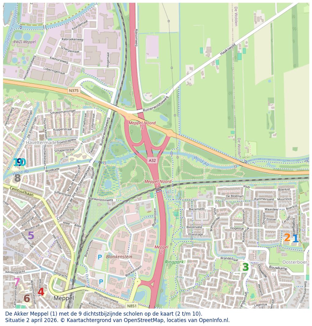 Kaart van de school met de tien dichtsbijzijnde scholen. Hierbij zijn de scholen genummerd van 1 tot en met 10. Nummer 1 is toegekend aan de schoolvestiging zelf: De Akker Meppel.