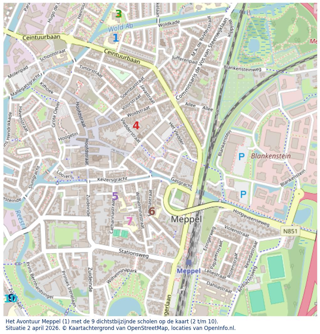 Kaart van de school met de tien dichtsbijzijnde scholen. Hierbij zijn de scholen genummerd van 1 tot en met 10. Nummer 1 is toegekend aan de schoolvestiging zelf: Het Avontuur Meppel.