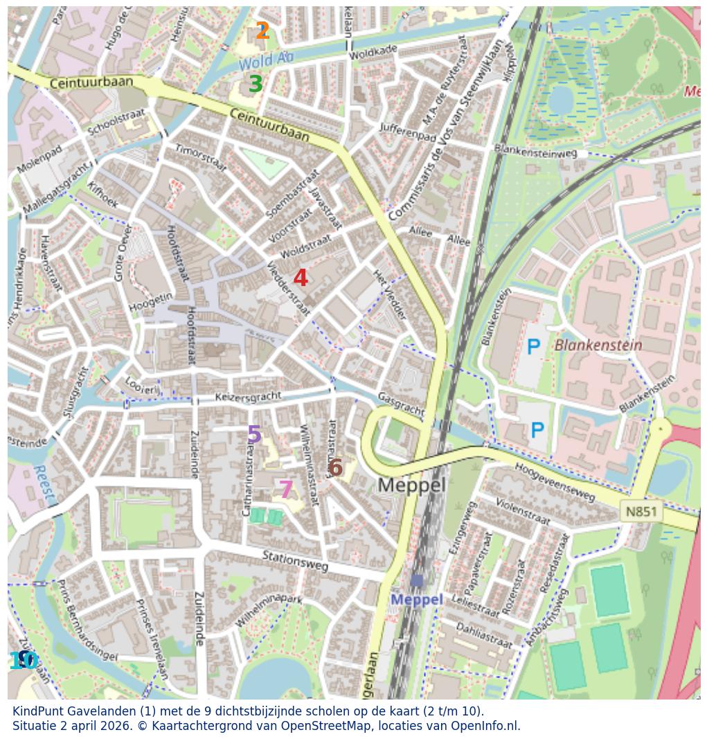 Kaart van de school met de tien dichtsbijzijnde scholen. Hierbij zijn de scholen genummerd van 1 tot en met 10. Nummer 1 is toegekend aan de schoolvestiging zelf: KindPunt Gavelanden.