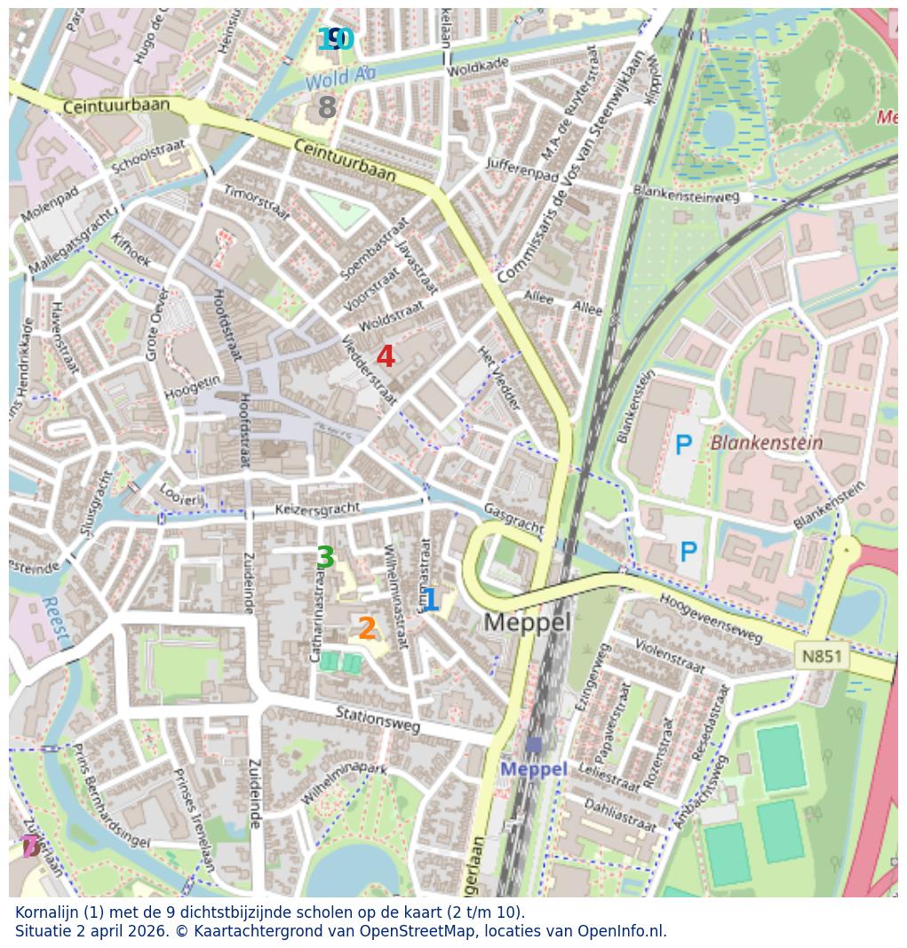 Kaart van de school met de tien dichtsbijzijnde scholen. Hierbij zijn de scholen genummerd van 1 tot en met 10. Nummer 1 is toegekend aan de schoolvestiging zelf: Kornalijn.