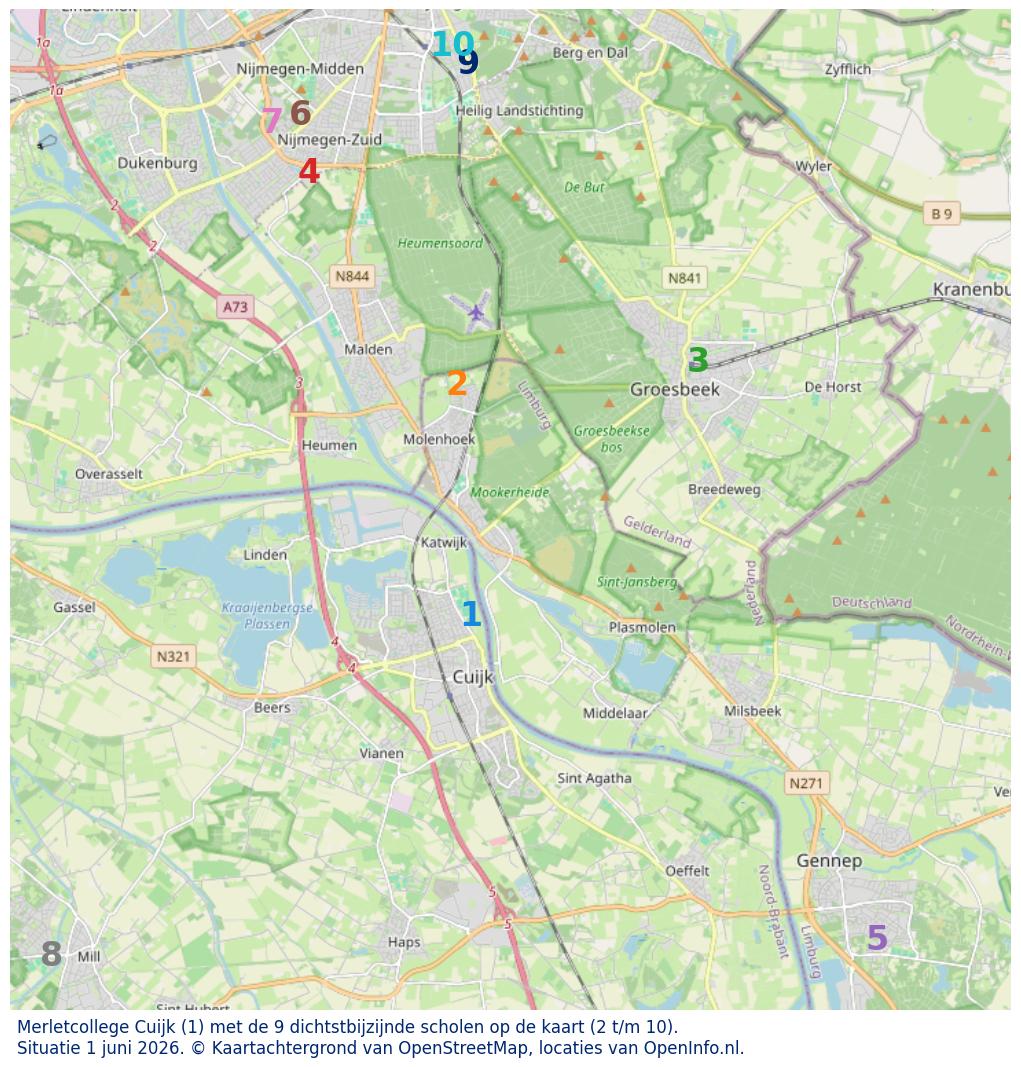 Kaart van de school met de tien dichtsbijzijnde scholen. Hierbij zijn de scholen genummerd van 1 tot en met 10. Nummer 1 is toegekend aan de schoolvestiging zelf: Merletcollege Cuijk.