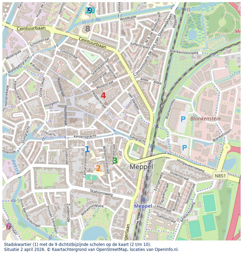 Kaart van de school met de tien dichtsbijzijnde scholen. Hierbij zijn de scholen genummerd van 1 tot en met 10. Nummer 1 is toegekend aan de schoolvestiging zelf: Stadskwartier.