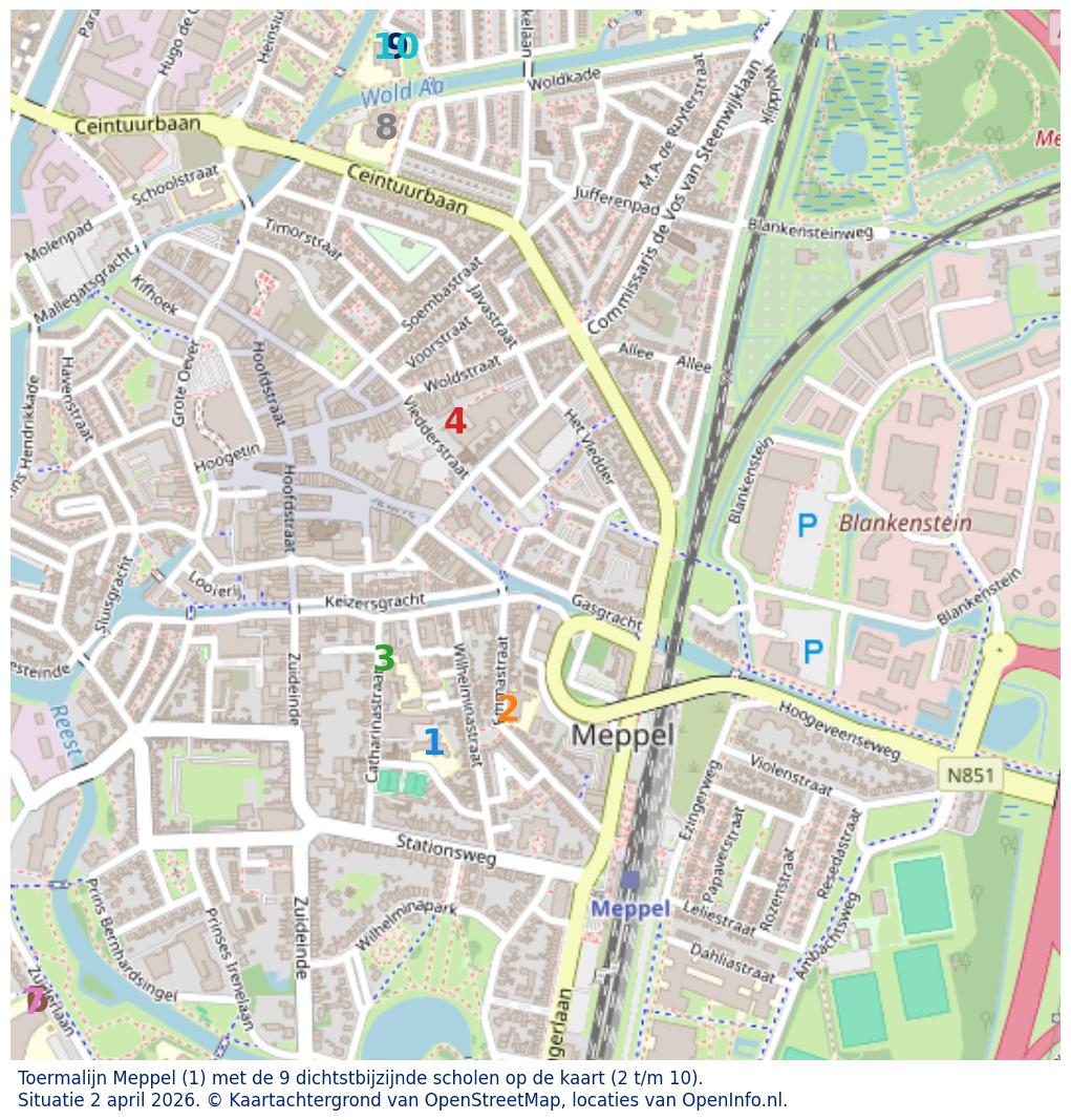 Kaart van de school met de tien dichtsbijzijnde scholen. Hierbij zijn de scholen genummerd van 1 tot en met 10. Nummer 1 is toegekend aan de schoolvestiging zelf: Toermalijn Meppel.