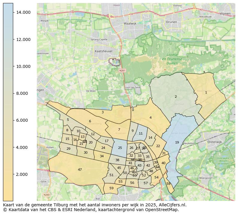 Afbeelding van de gemeente Tilburg op de kaart.