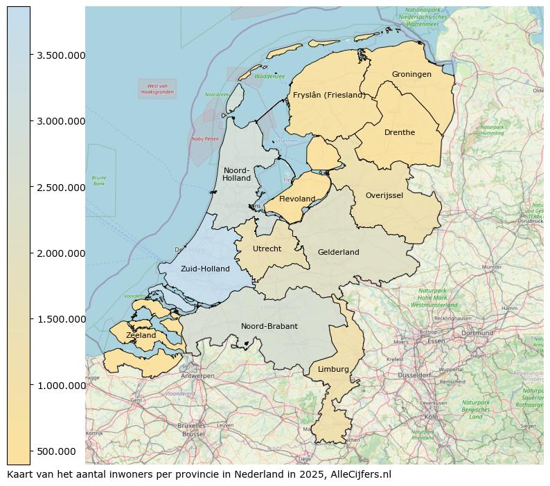 Kaart van de provincies in Nederland met het aantal inwoners per provincie weergegeven op een kleurenschaal.