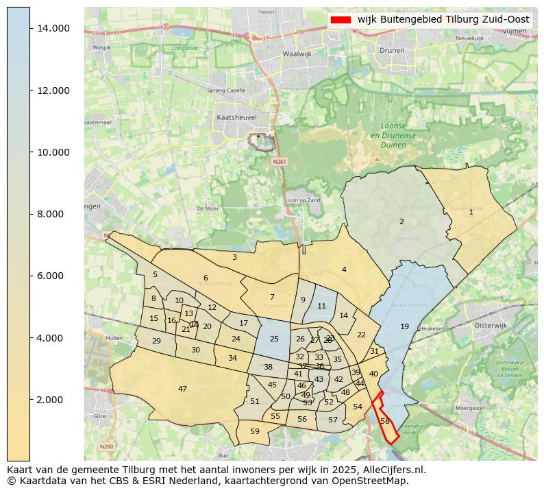 Afbeelding van de wijk Buitengebied Tilburg Zuid-Oost op de kaart.
