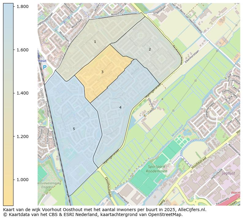 Afbeelding van de wijk Voorhout Oosthout op de kaart.