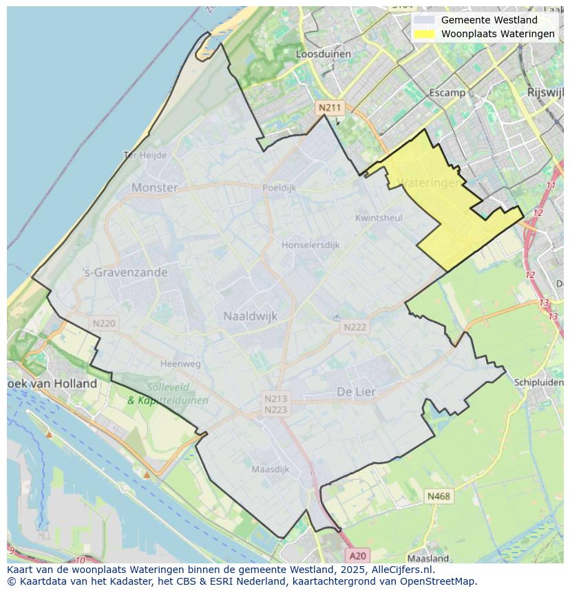 Afbeelding van de woonplaats Wateringen op de kaart.
