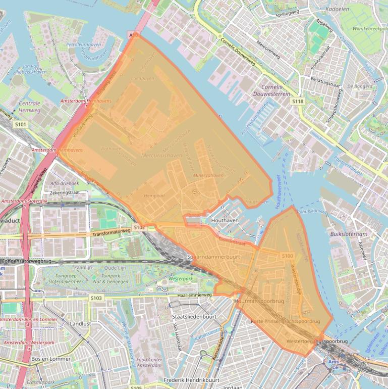Kaartafbeelding, ingezoomd op postcodegebied 1013.