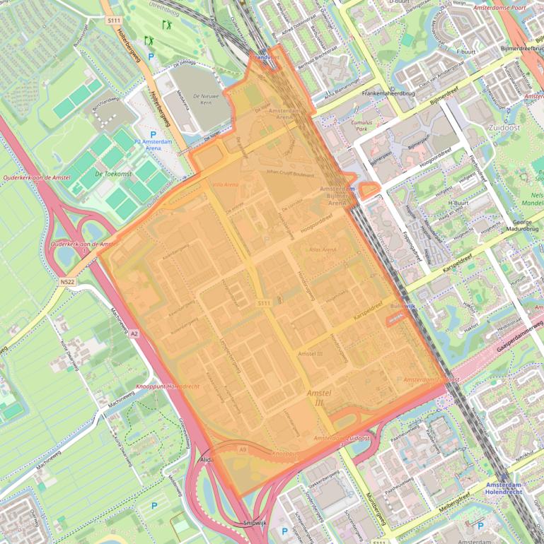 Kaartafbeelding, ingezoomd op postcodegebied 1101.