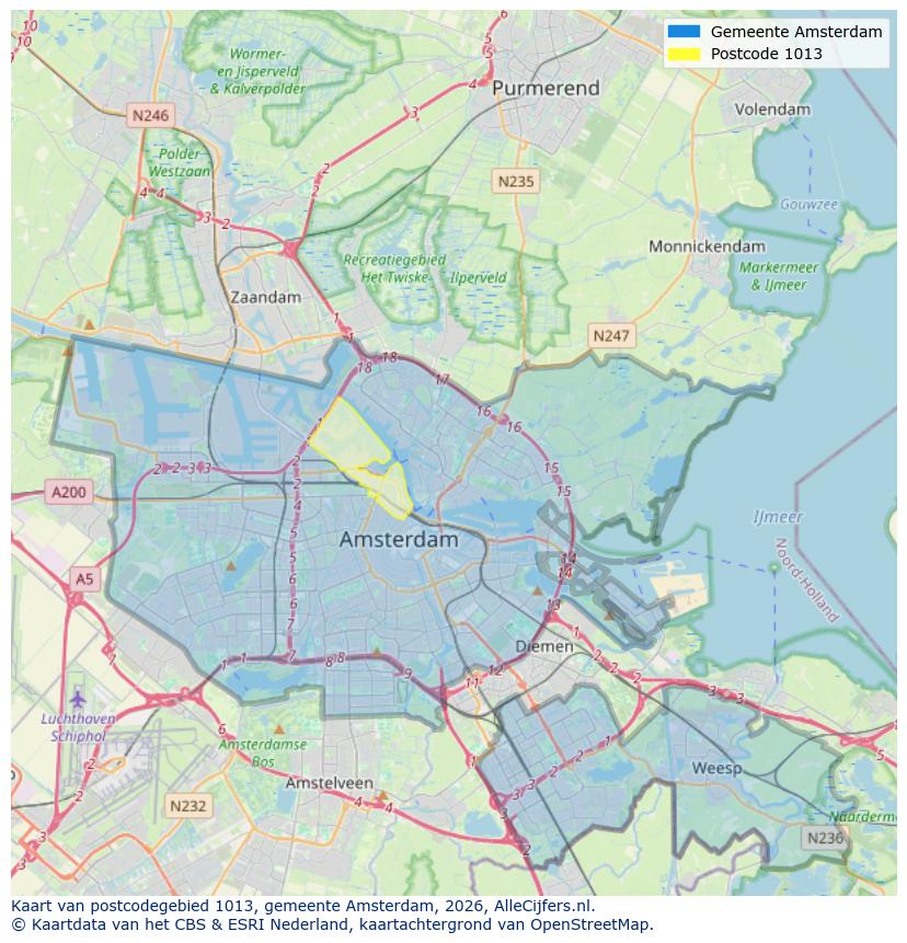 Afbeelding van het postcodegebied 1013 op de kaart.