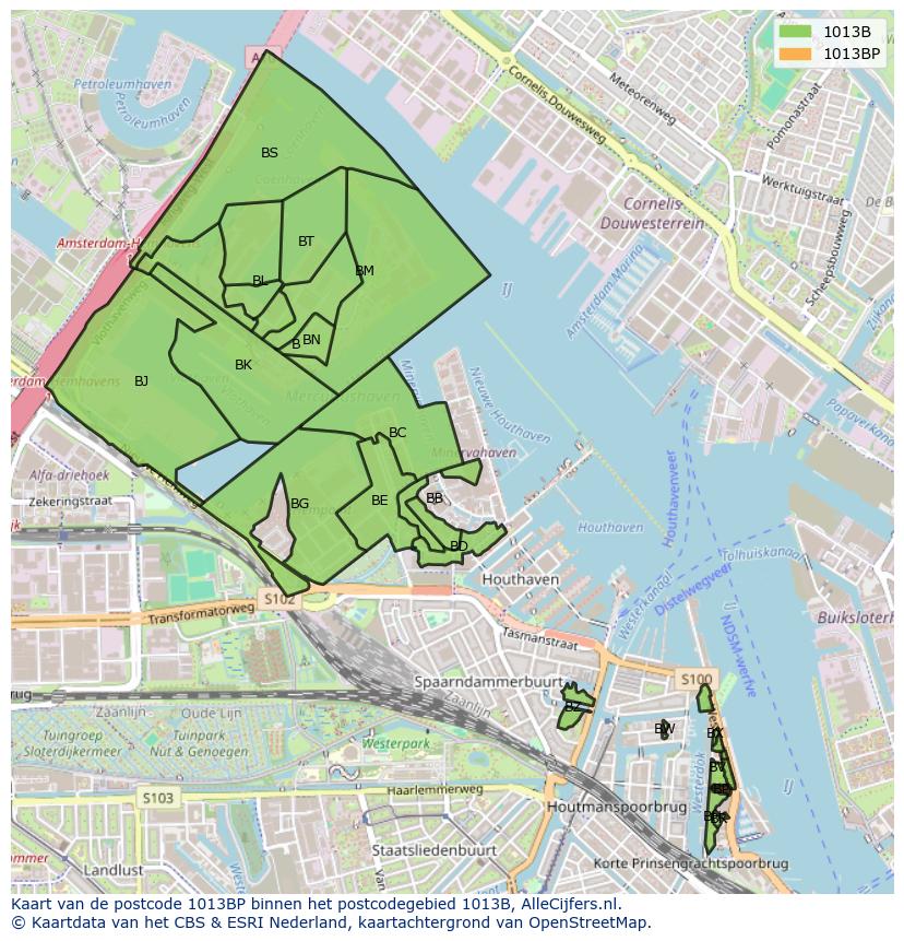 Afbeelding van het postcodegebied 1013 BP op de kaart.