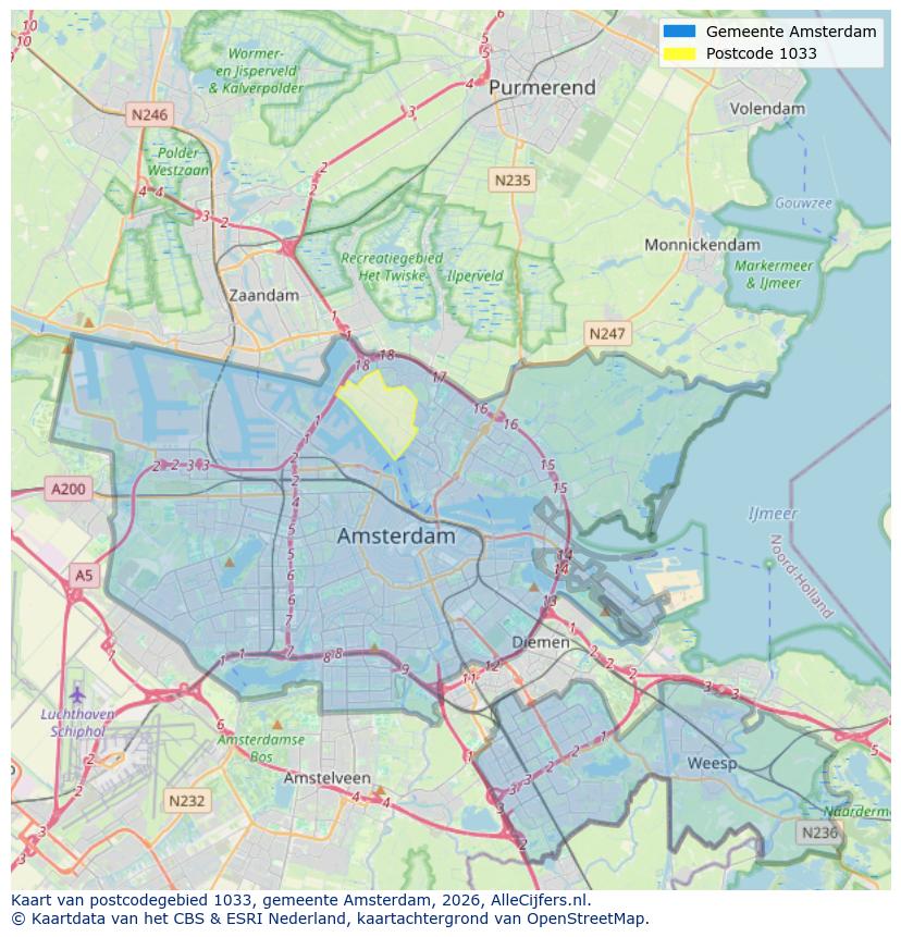 Afbeelding van het postcodegebied 1033 op de kaart.