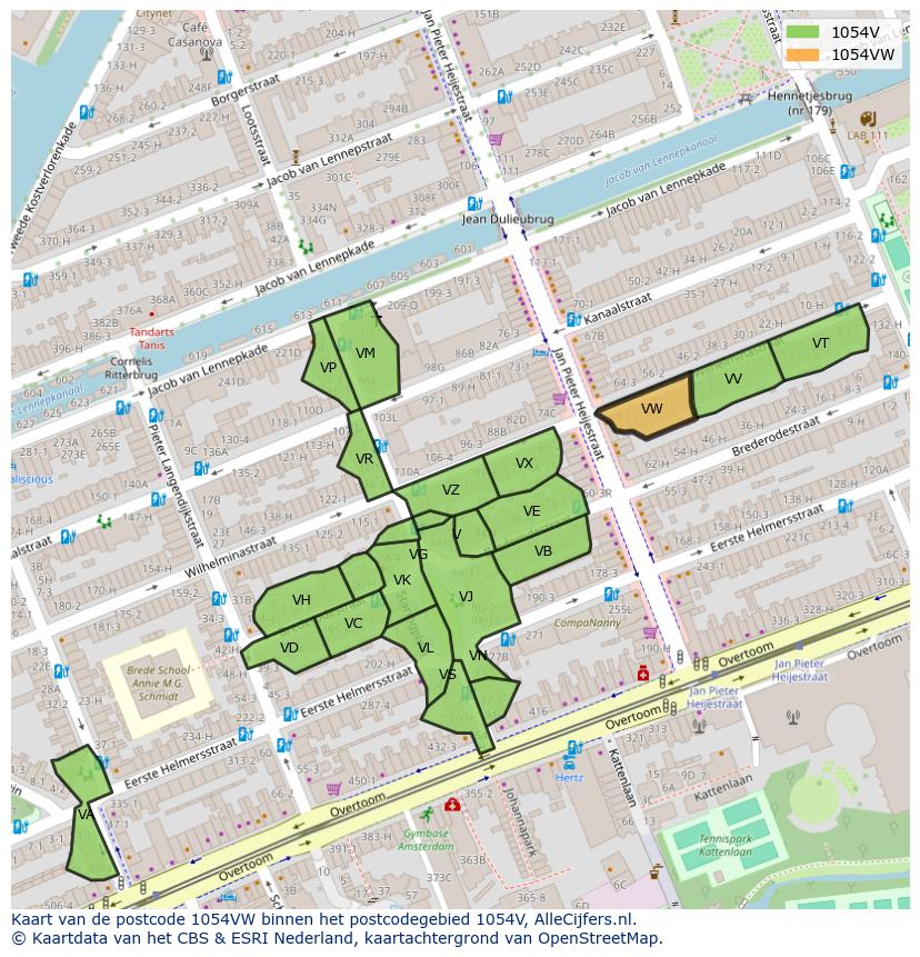 Afbeelding van het postcodegebied 1054 VW op de kaart.