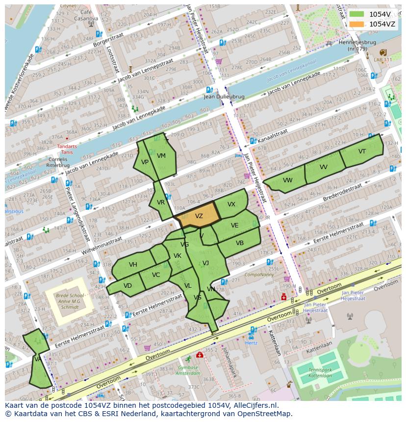 Afbeelding van het postcodegebied 1054 VZ op de kaart.