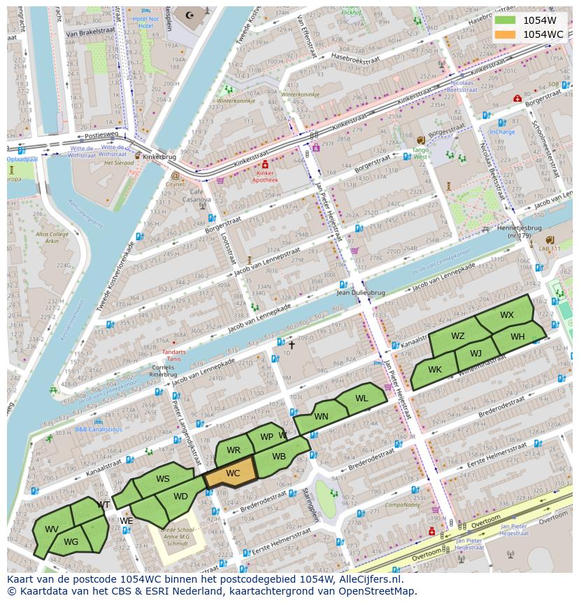 Afbeelding van het postcodegebied 1054 WC op de kaart.