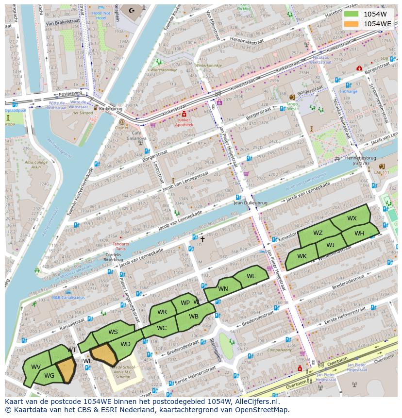 Afbeelding van het postcodegebied 1054 WE op de kaart.