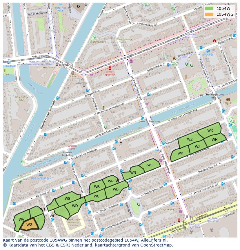 Afbeelding van het postcodegebied 1054 WG op de kaart.