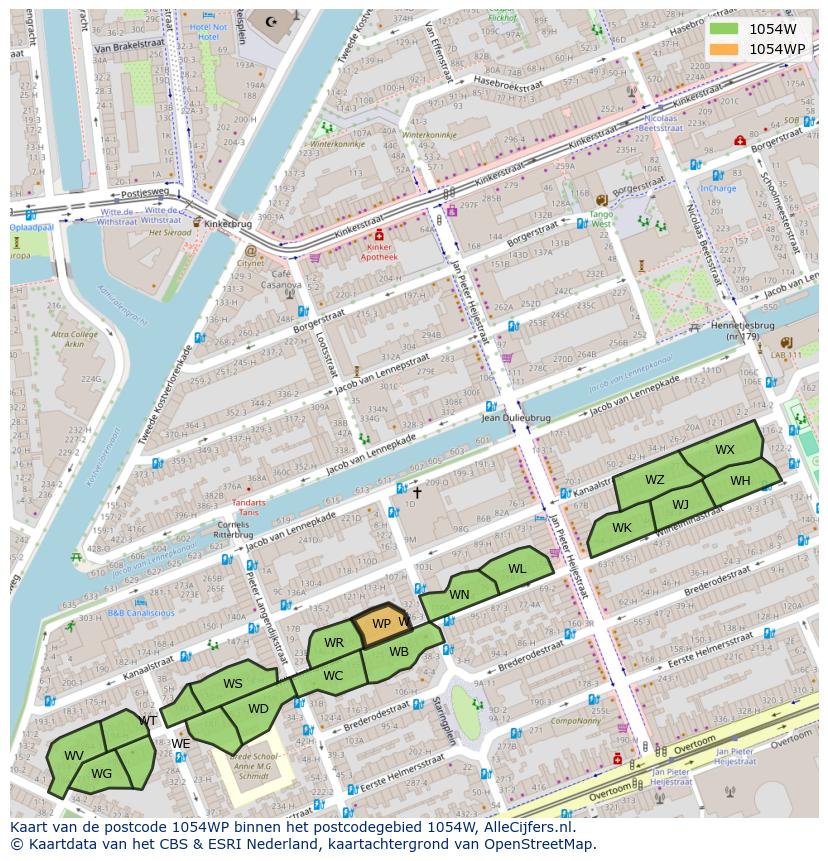Afbeelding van het postcodegebied 1054 WP op de kaart.