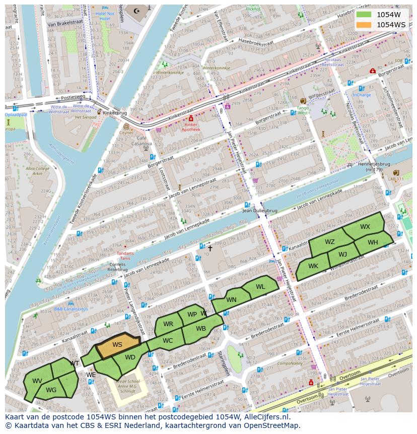 Afbeelding van het postcodegebied 1054 WS op de kaart.