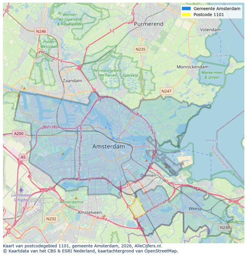 Afbeelding van het postcodegebied 1101 op de kaart.