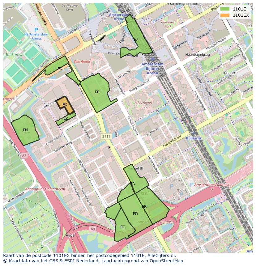 Afbeelding van het postcodegebied 1101 EX op de kaart.