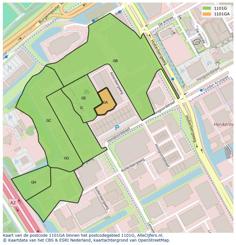 Afbeelding van het postcodegebied 1101 GA op de kaart.