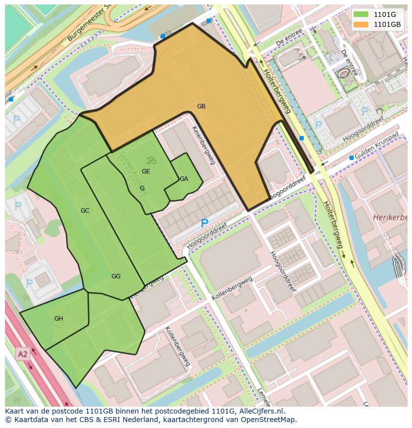 Afbeelding van het postcodegebied 1101 GB op de kaart.