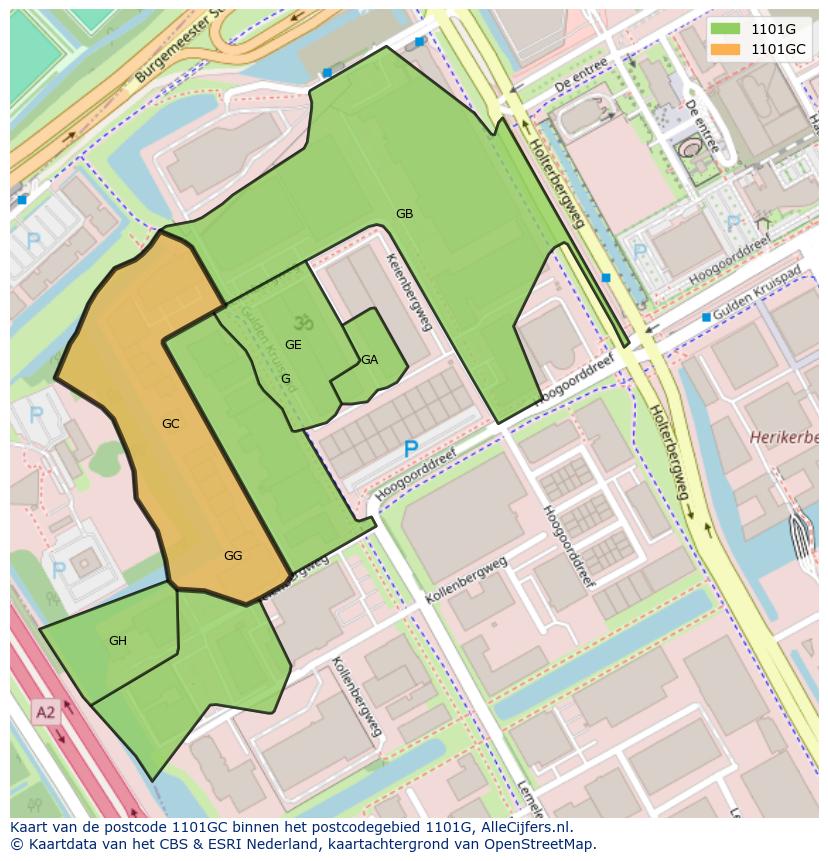 Afbeelding van het postcodegebied 1101 GC op de kaart.