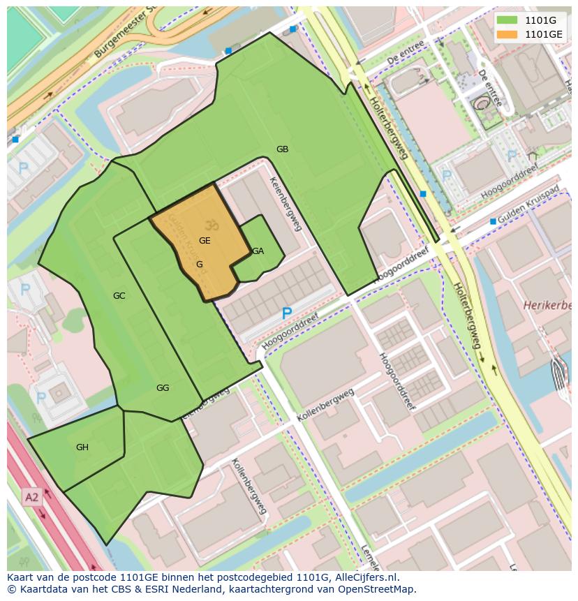 Afbeelding van het postcodegebied 1101 GE op de kaart.
