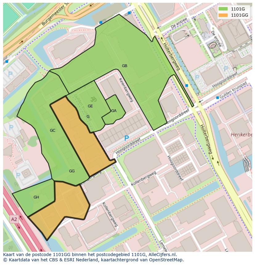 Afbeelding van het postcodegebied 1101 GG op de kaart.