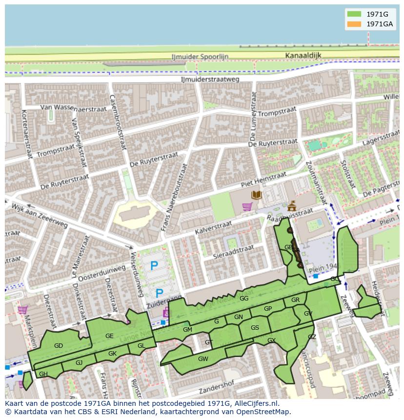 Afbeelding van het postcodegebied 1971 GA op de kaart.