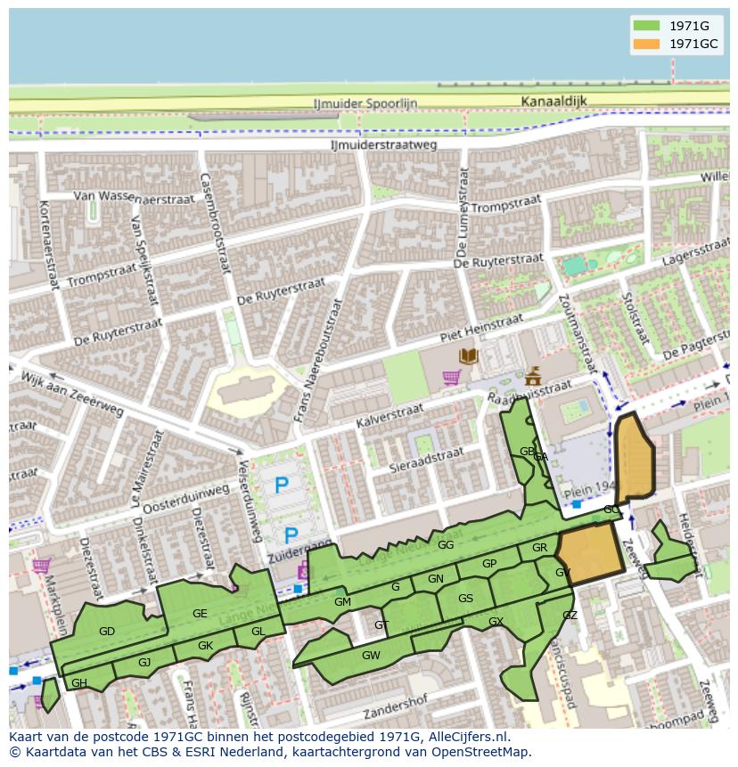 Afbeelding van het postcodegebied 1971 GC op de kaart.