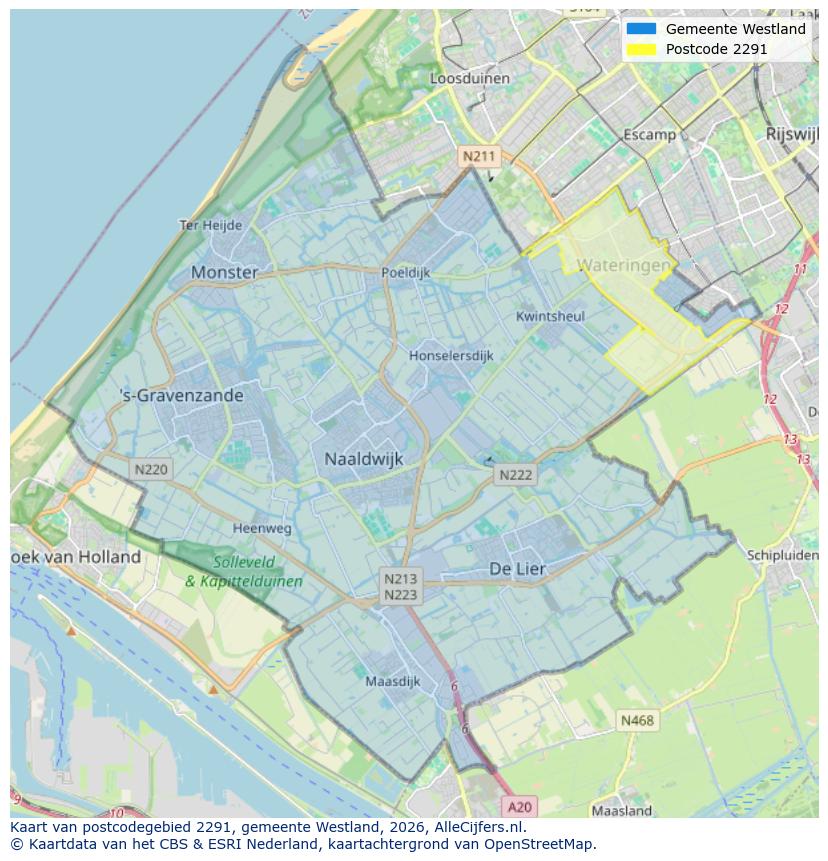 Afbeelding van het postcodegebied 2291 op de kaart.