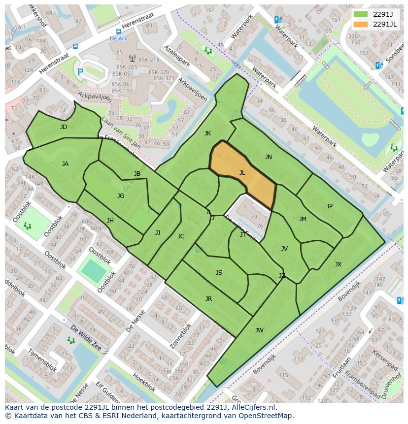 Afbeelding van het postcodegebied 2291 JL op de kaart.