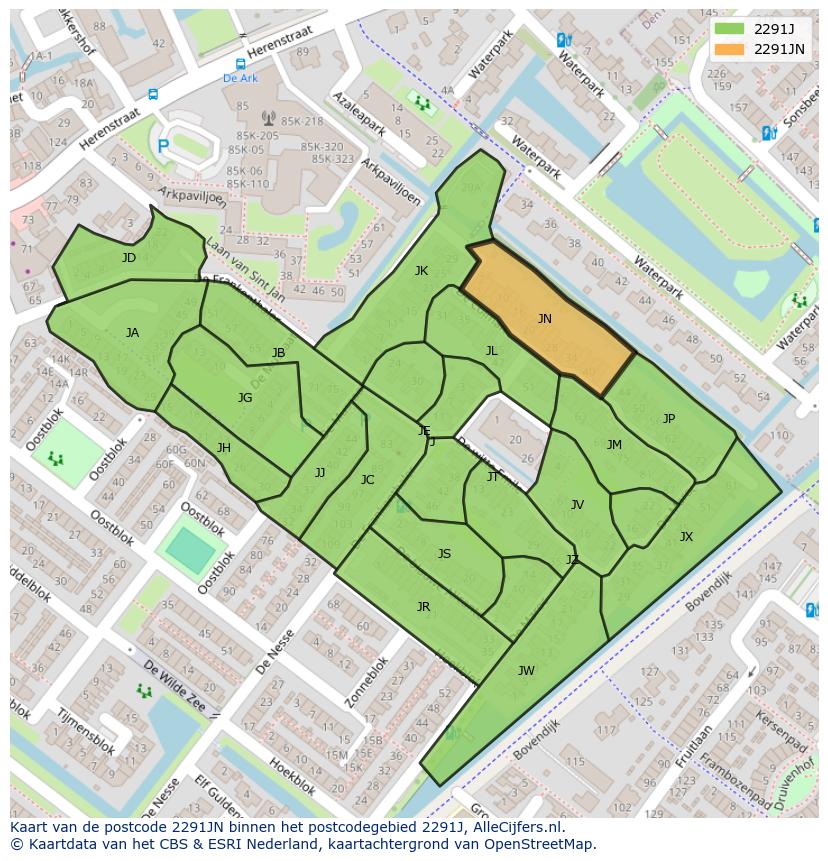 Afbeelding van het postcodegebied 2291 JN op de kaart.