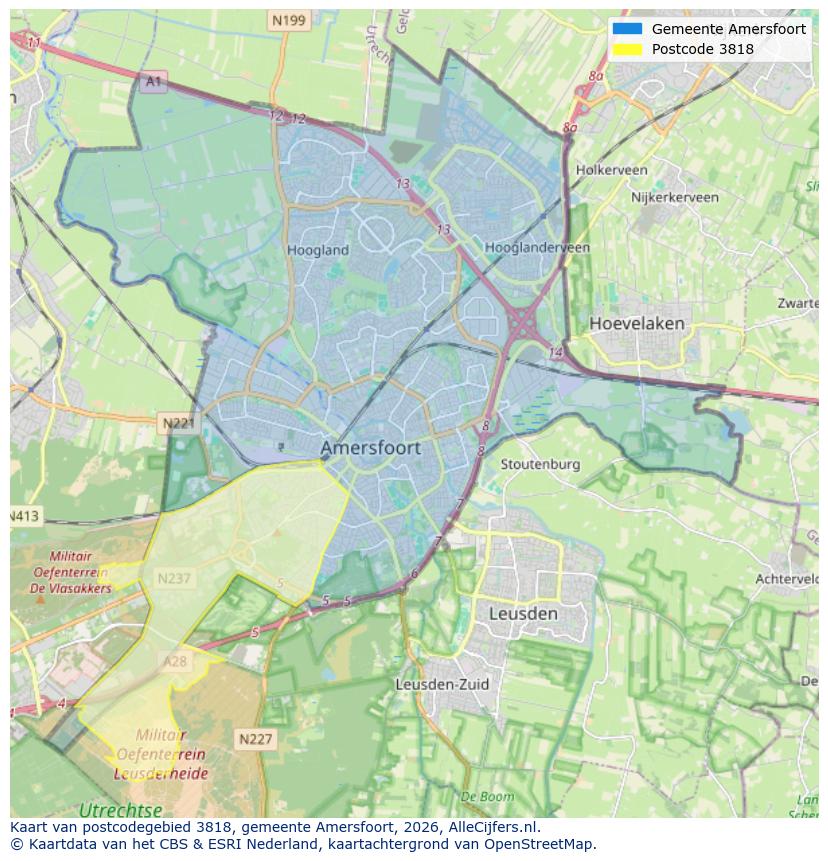 Afbeelding van het postcodegebied 3818 op de kaart.