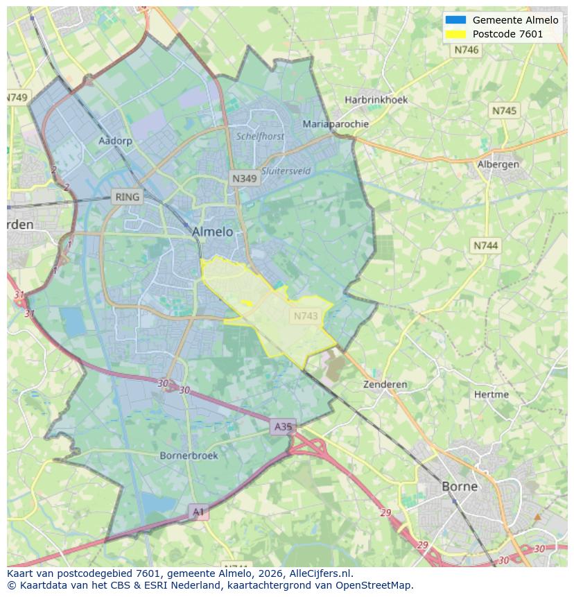 Afbeelding van het postcodegebied 7601 op de kaart.
