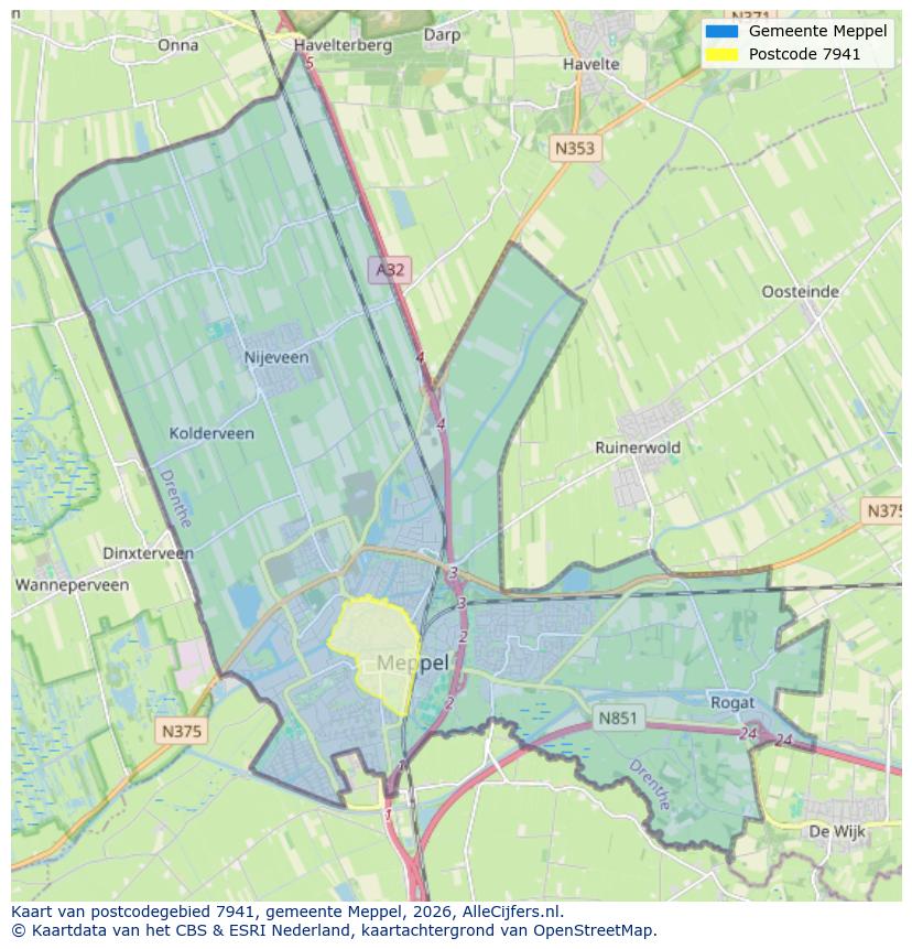 Afbeelding van het postcodegebied 7941 op de kaart.
