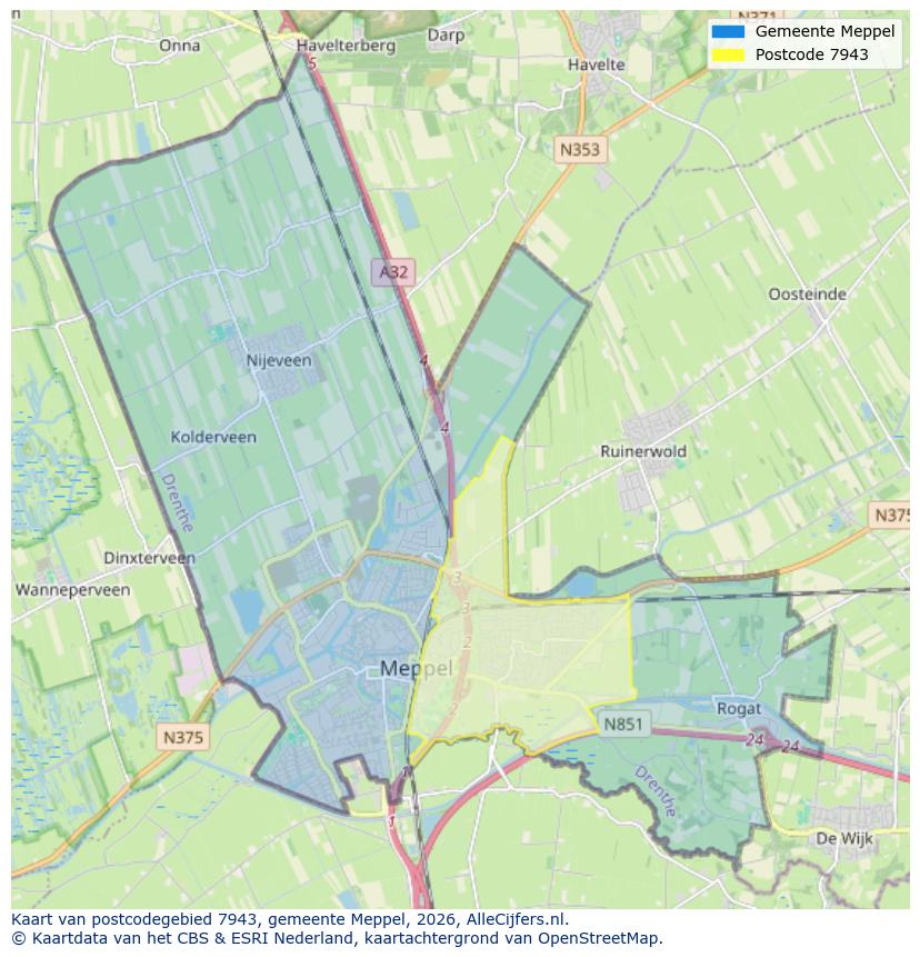 Afbeelding van het postcodegebied 7943 op de kaart.