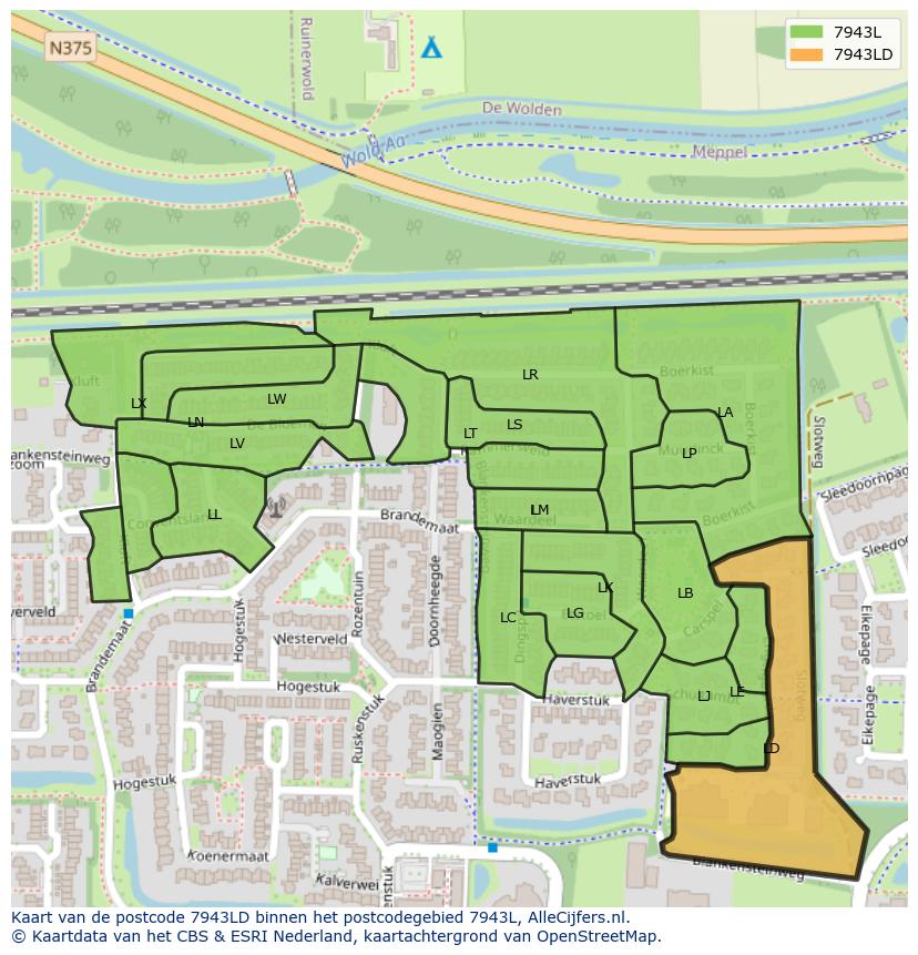 Afbeelding van het postcodegebied 7943 LD op de kaart.