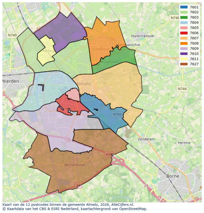 Afbeelding van de postcodes in de gemeente Almelo op de kaart.