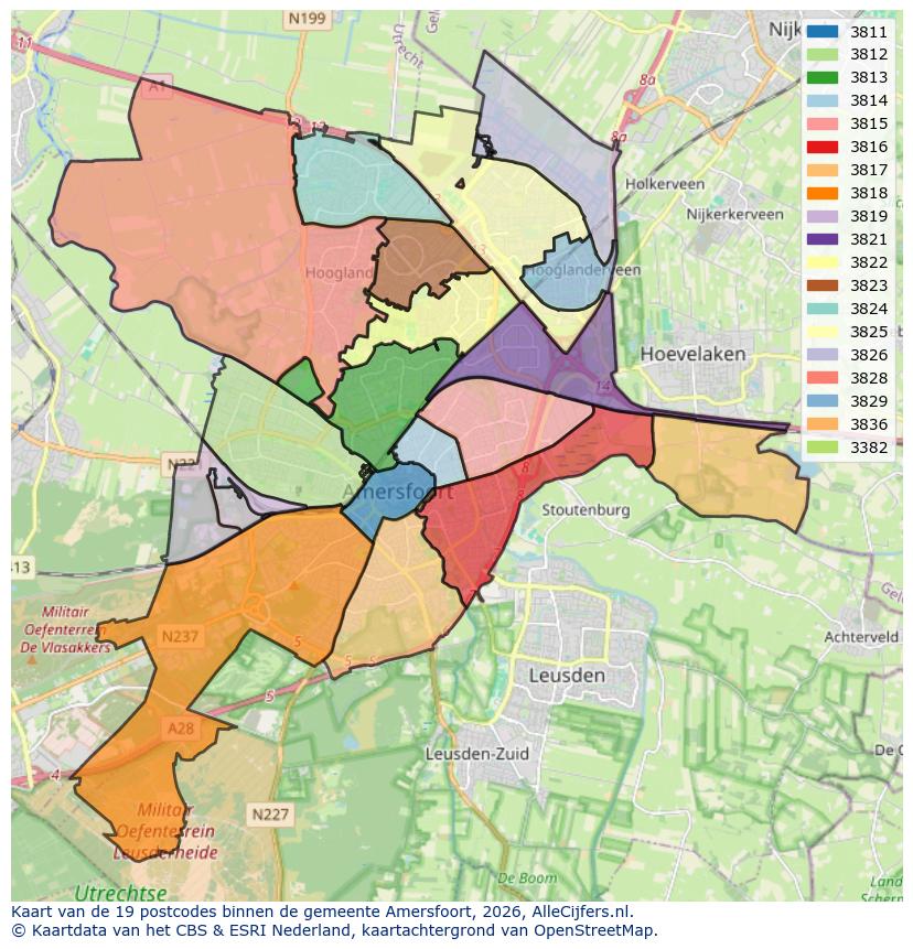 Afbeelding van de postcodes in de gemeente Amersfoort op de kaart.