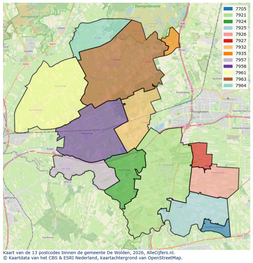 Afbeelding van de postcodes in de gemeente De Wolden op de kaart.